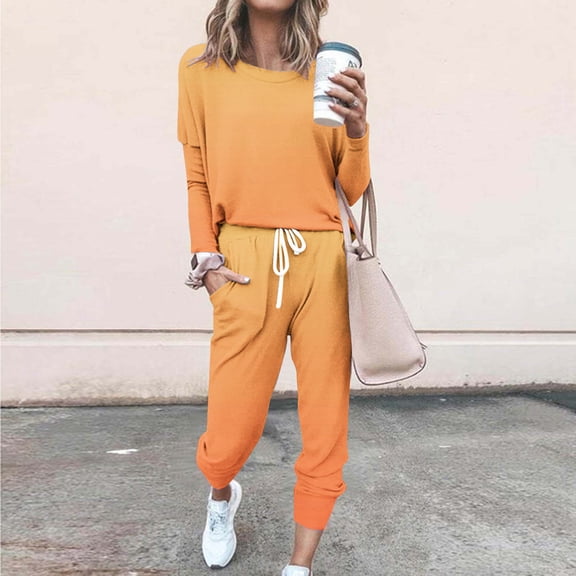 Fnooota Outfit Sets for Women, Long Sleeve Casual 2 Piece Sweatshirts and Sweatpants Sets Orange Size L