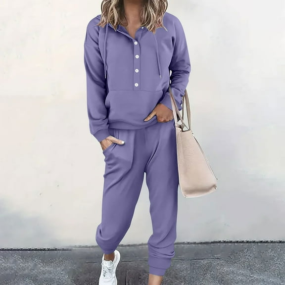 Fnooota Outfit Sets for Women, Long Sleeve Casual 2 Piece Sweatshirts and Sweatpants Sets Purple Size L