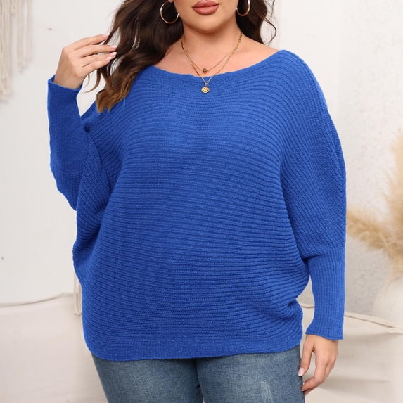 Fnooota Oversized Sweaters for Women, Long Sleeve Lightweight Plus Size Crew Neck Pullover Tops Blue Size 3XL