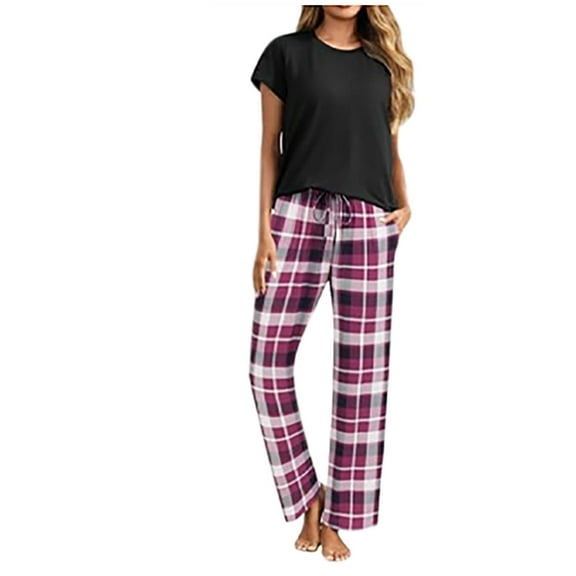 Fnooota Pajama Sets for Women, Summer Soft Short Sleeve Crew Neck Sleepwear Set Black Size M