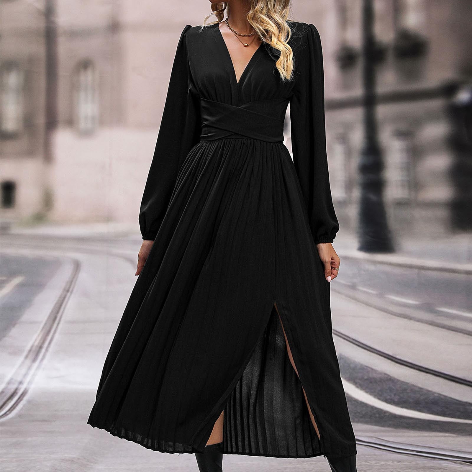 Fnooota Party Dresses for Women, Long Sleeve Spring Fall V Neck Casual Maxi Dresses Black Size XL