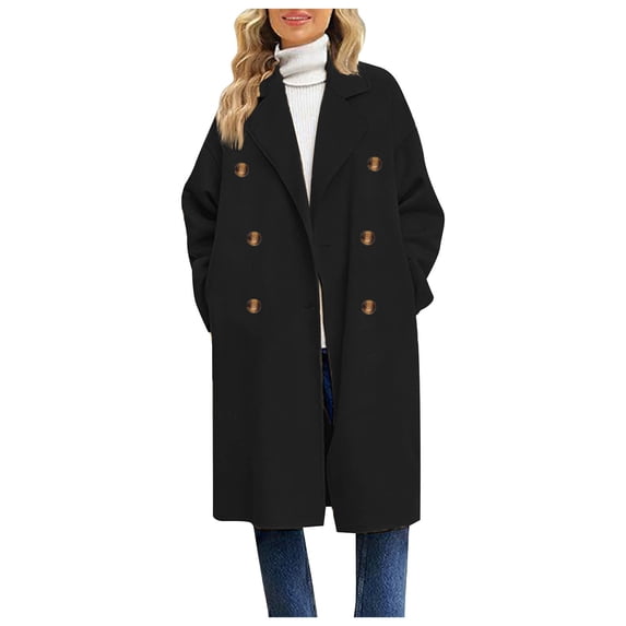 Fnooota Peacoats for Women 2024, Classic Lapel Double Breasted Wool Mid Length Fall Overcoats Black Size L