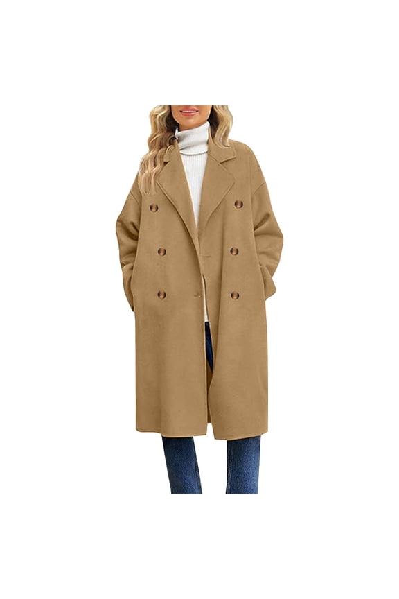 Peacoats for Women 2024, Classic Lapel Wool Double Breasted Mid Length Fall Overcoats Khaki Size L