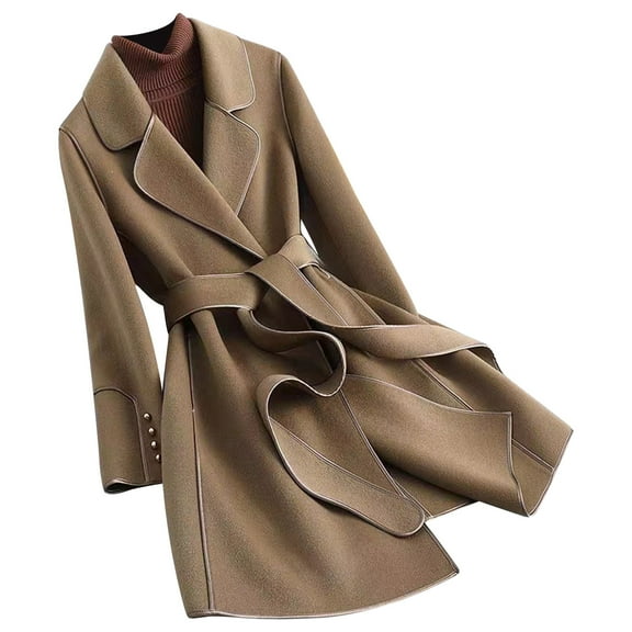 Fnooota Peacoats for Women, Belt Mid Length Classic Lapel Wool Trench Coat Coffee Size XL