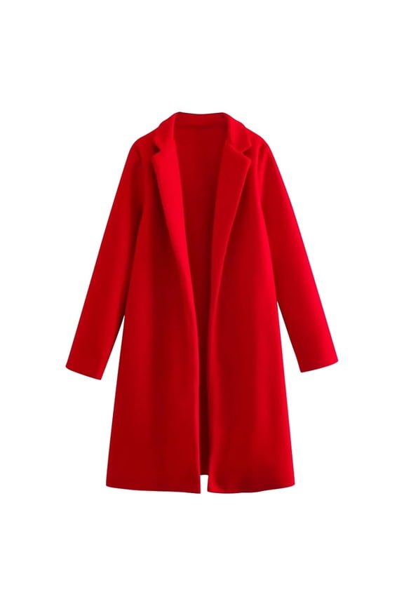 Peacoats for Women, Mid Length Wool Classic Lapel Open Front Trench Coat Red Size S