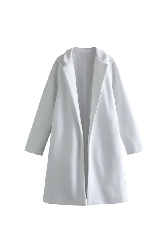 Peacoats for Women, Open Front Classic Lapel Wool Mid Length Trench Coat White Size L