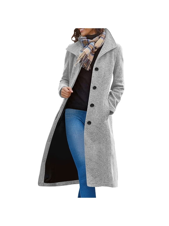Peacoats for Women, Single Breasted Below the Knee Winter Lapel Collar Womens Wool Blend Coats Gray Size L