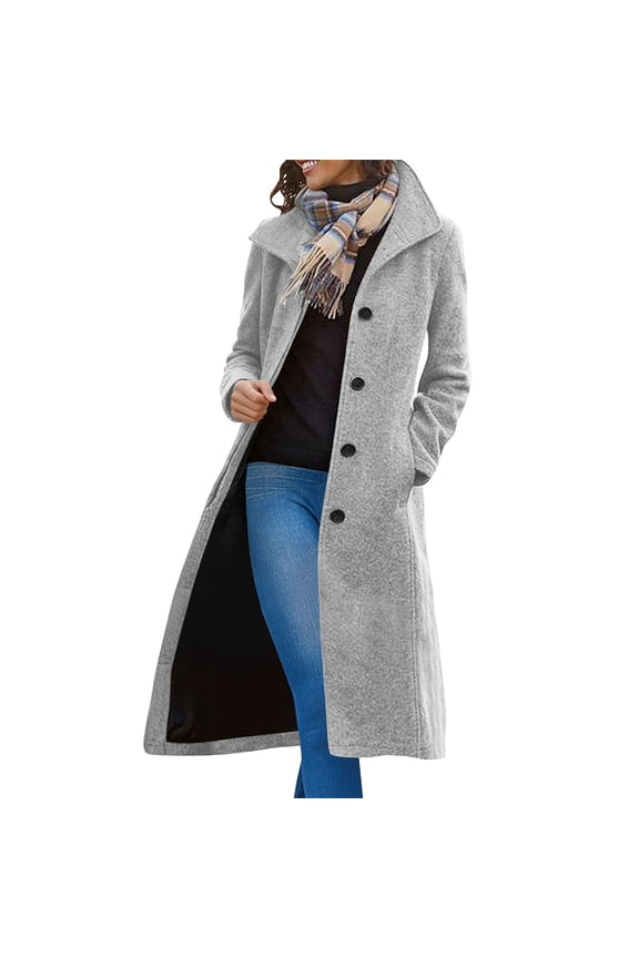 Peacoats for Women, Winter Lapel Collar Single Breasted Below the Knee Womens Wool Blend Coats Gray Size XL