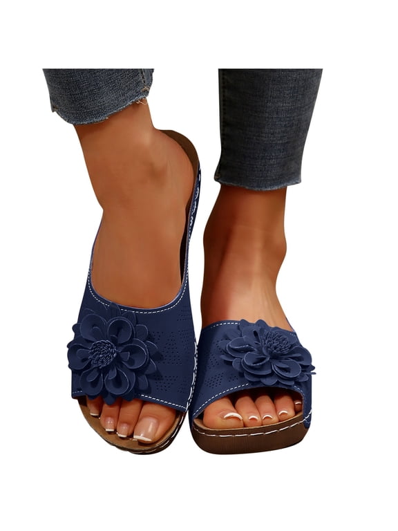 Platform Sandals Women, Open Toe Summer Clearance Casual Flat Sandals Navy Size 9