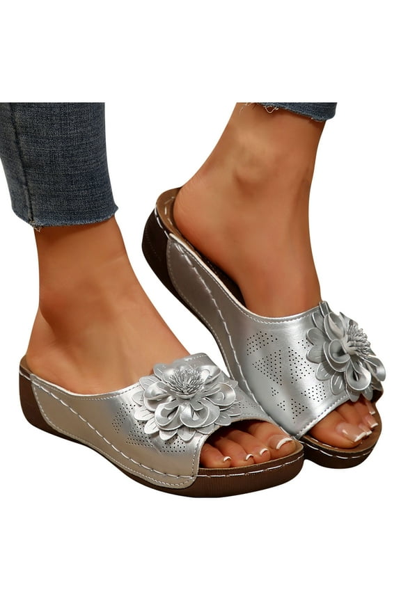 Platform Sandals Women, Summer Clearance Open Toe Casual Flat Sandals Silver Size 6