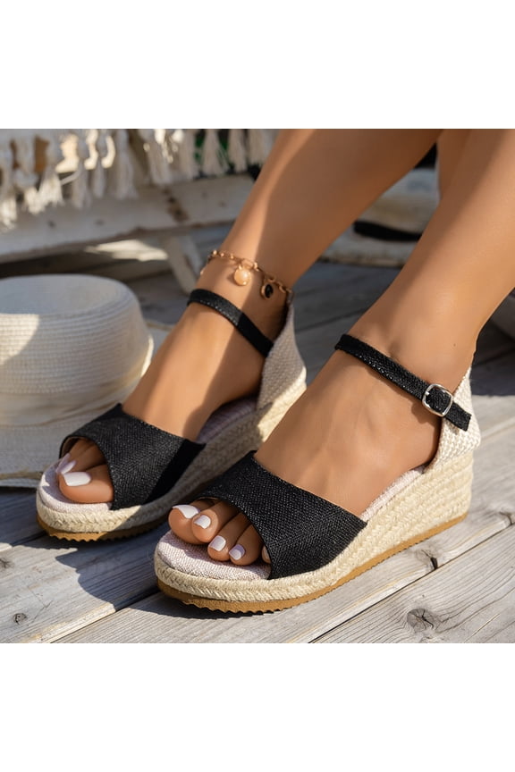 Platform Wedge Sandals for Women, Open Toe Non-slip Party Ankle Strap Summer Espadrilles Black Size 9