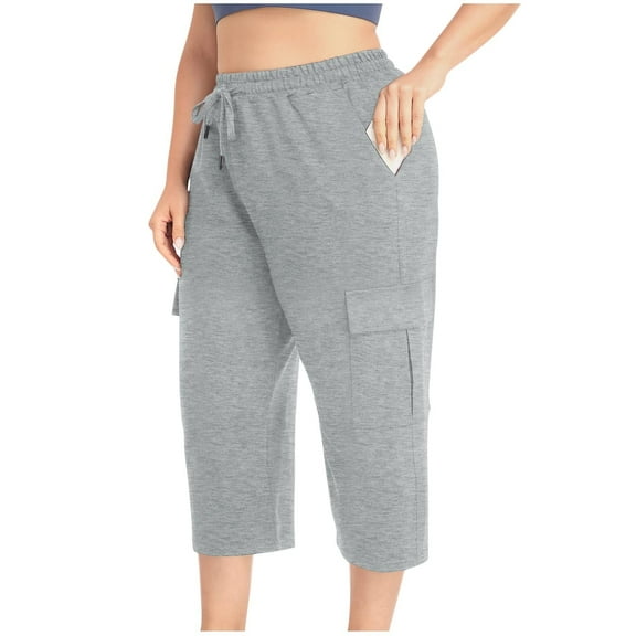 Fnooota Plus Size Capris for Women 2025, Athletic Elastic Waist Relaxed Fit Casual Capri Pants Gray Size XL-5XL