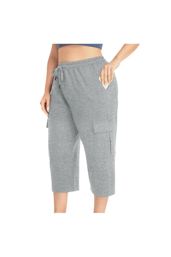 Plus Size Capris for Women 2025, Athletic Elastic Waist Relaxed Fit Casual Capri Pants Gray Size XL-5XL