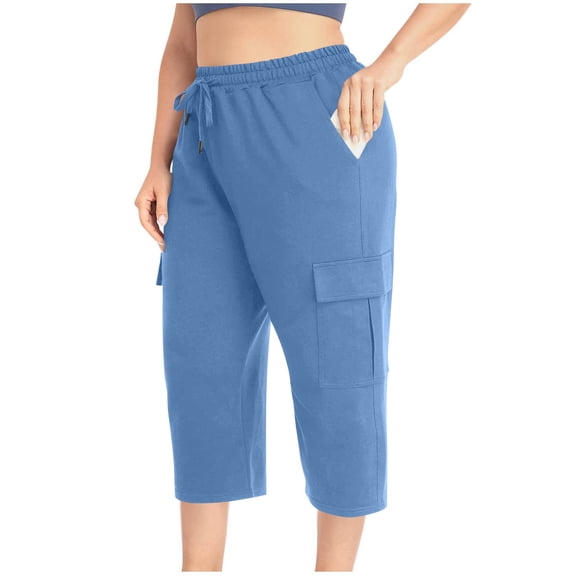 Fnooota Plus Size Capris for Women 2025, Athletic Relaxed Fit Casual Elastic Waist Capri Pants Light Blue Size 5XL