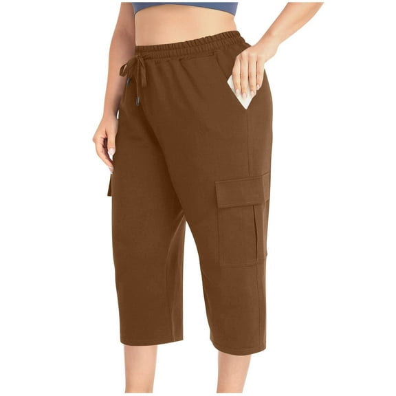 Fnooota Plus Size Capris for Women 2025, Casual Relaxed Fit Athletic Elastic Waist Capri Pants Brown Size 3XL
