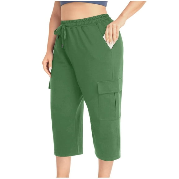 Fnooota Plus Size Capris for Women 2025, Elastic Waist Relaxed Fit Athletic Casual Capri Pants Green Size L