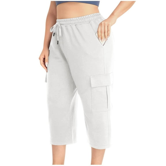 Fnooota Plus Size Capris for Women 2025, Elastic Waist Relaxed Fit Athletic Casual Capri Pants White Size L