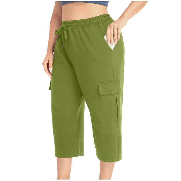 Fnooota Plus Size Capris for Women 2025, Relaxed Fit Elastic Waist Casual Athletic Capri Pants Green Size L