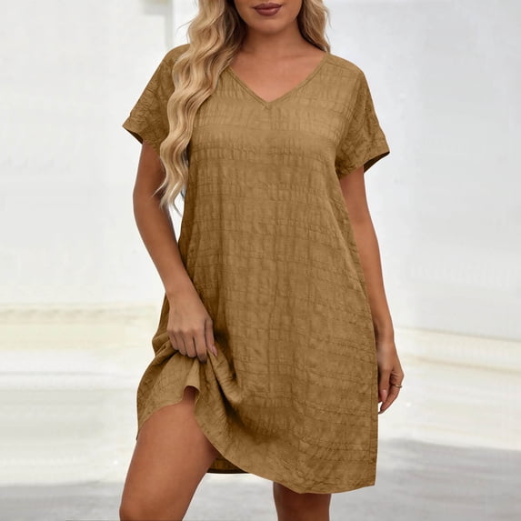 Fnooota Plus Size Summer Dresses for Women, Holiday V Neck Casual Short Sleeve Womens Midi Dresses Brown Size XL-5XL