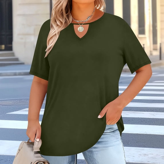 Fnooota Plus Size T-shirts for Women, Loose Fit Soft Casual V Neck Short Sleeve Tops Army Green Size 5XL