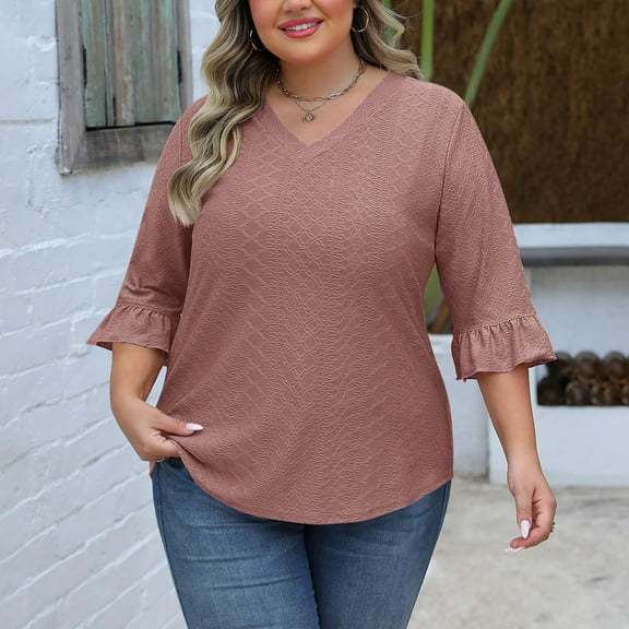 Fnooota Plus Size T-shirts for Women, V-Neck Loose Fit Casual Workout 3/4 Sleeve Tops Rose Gold Size L-5XL