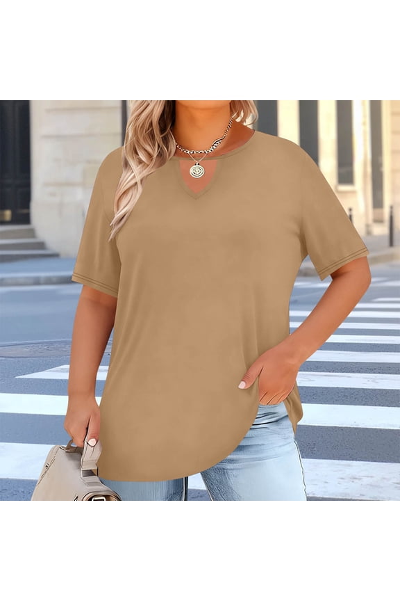 Plus Size T-shirts for Women, V Neck Soft Casual Loose Fit Short Sleeve Tops Khaki Size XL-5XL