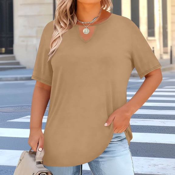 Fnooota Plus Size T-shirts for Women, V Neck Soft Casual Loose Fit Short Sleeve Tops Khaki Size XL-5XL