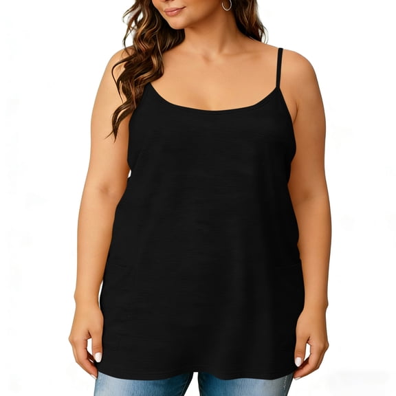 Fnooota Plus Size Tank Tops for Women, Adjustable Cotton Loose Fit Sleeveless Summer Camisole Black Size L