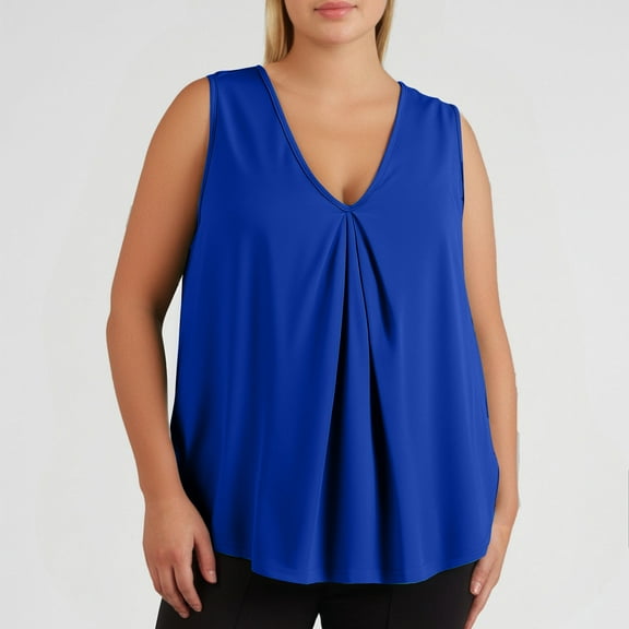 Fnooota Plus Size Tank Tops for Women, Pleated Sleeveless V Neck Summer Shirts Blue Size XL-6XL