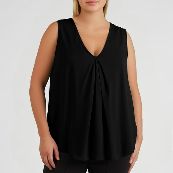 Fnooota Plus Size Tank Tops for Women, Pleated V Neck Sleeveless Summer Shirts Black Size 5XL