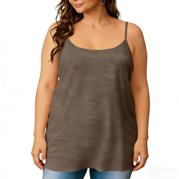 Fnooota Plus Size Tank Tops for Women, Sleeveless Loose Fit Adjustable Cotton Summer Camisole Brown Size L