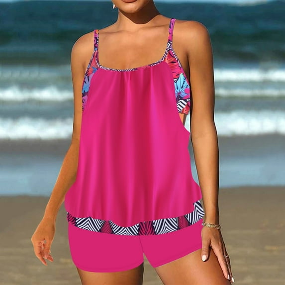 Fnooota Plus Size Tankini Swimsuits for Women, 2 Piece Casual Bathing Suits Swim Tops with Boyshorts Hot Pink Size XL