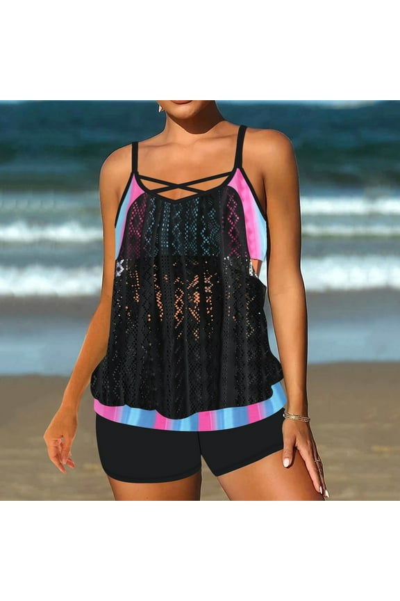 Plus Size Tankini Swimsuits for Women, Casual 2 Piece Bathing Suits Swim Tops with Boyshorts Black Size 2XL