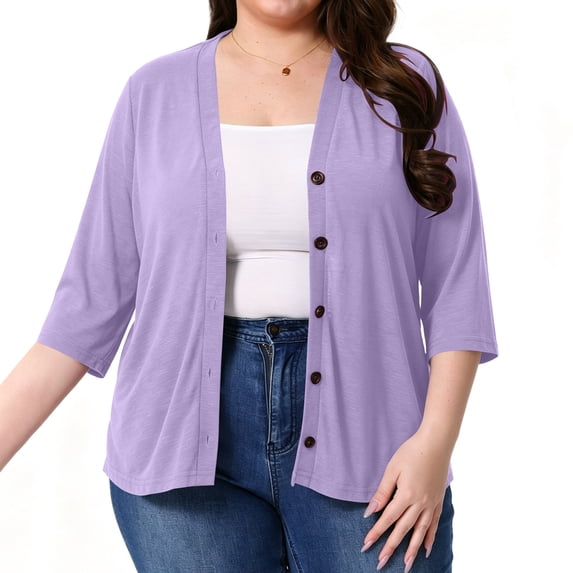Fnooota Plus Size Womens 3/4 Sleeve Cardigans, Casual Loungewear Button Front Soft Lightweight Cardigans for Women Purple Size 4XL