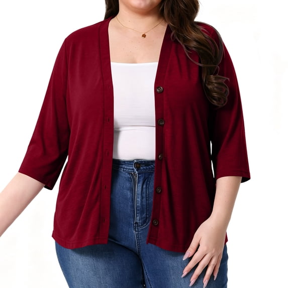 Fnooota Plus Size Womens 3/4 Sleeve Cardigans, Soft Lightweight Button Front Loungewear Casual Cardigans for Women Red Size 2XL