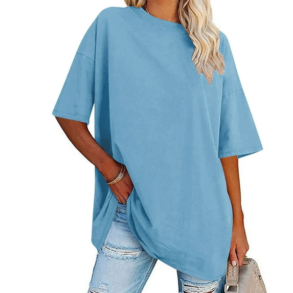 Fnooota Pluse Size Shirts for Women, Loose Fit Crew Neck Short Sleeve Summer Blouses Light Blue Size XL