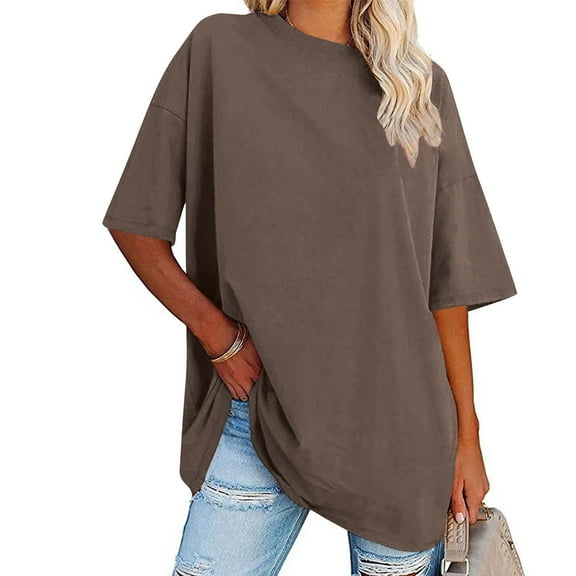Fnooota Pluse Size Shirts for Women, Short Sleeve Loose Fit Crew Neck Summer Blouses Coffee Size 2XL