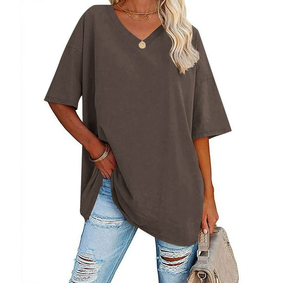 Fnooota Pluse Size Shirts for Women, Short Sleeve V Neck Loose Fit Summer Tops Brown Size L-2XL