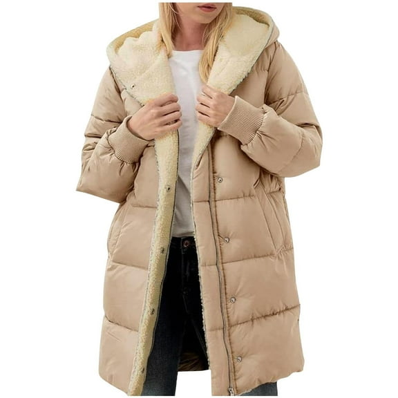 Fnooota Puffer Jacket for Women, Full Zip Warm Hooded Mid Length Winter Coats Khaki Size 3XL