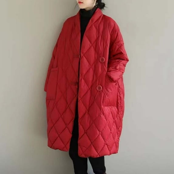 Fnooota Puffer Jackets for Women, Lightweight Mid-length Warm Loose Fit Winter Coats Outerwear Red Size L