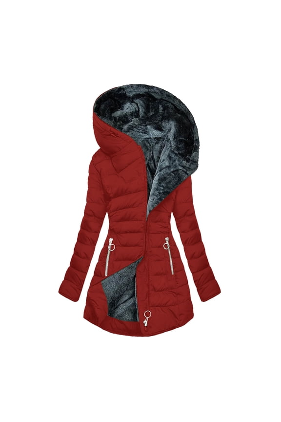 Puffer Jackets for Women, Plus size Full Zip Warm Hooded Winter Coats Outerwear Red Size 2XL