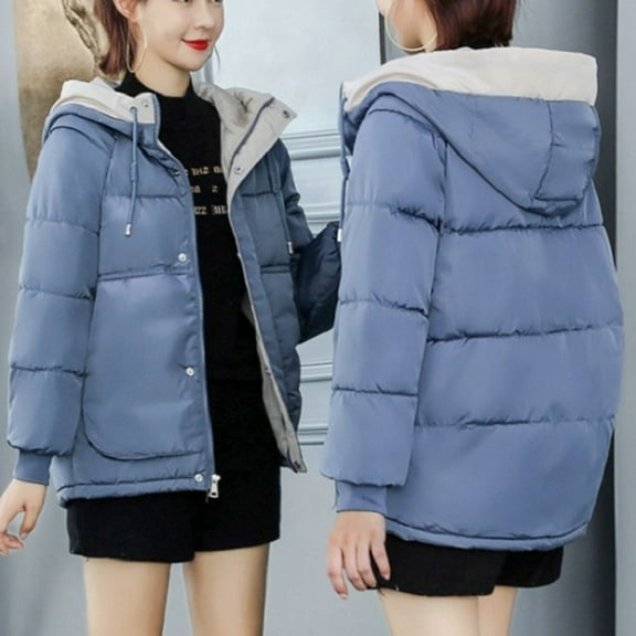 Fnooota Puffer Jackets for Women, Warm Hooded Padded Thickened Winter Coats Outerwear Light Blue Size XL