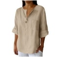 thumbnail image 1 of Fnooota Short Sleeve Shirts for Women, Cotton Linen Loose Fit Summer Crewneck Button Down Shirts Khaki Size 2XL, 1 of 5