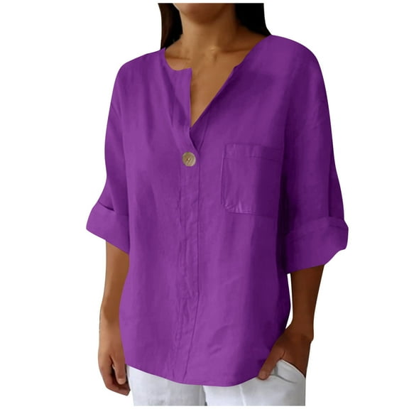 Fnooota Short Sleeve Shirts for Women, Cotton Linen Summer Loose Fit Crewneck Button Down Shirts Purple Size M