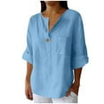 thumbnail image 1 of Fnooota Short Sleeve Shirts for Women, Loose Fit Summer Cotton Linen Crewneck Button Down Shirts Light Blue Size S, 1 of 5