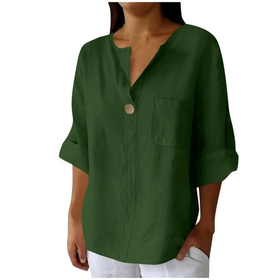 Fnooota Short Sleeve Shirts for Women, Summer Loose Fit Cotton Linen Crewneck Button Down Shirts Army Green Size S