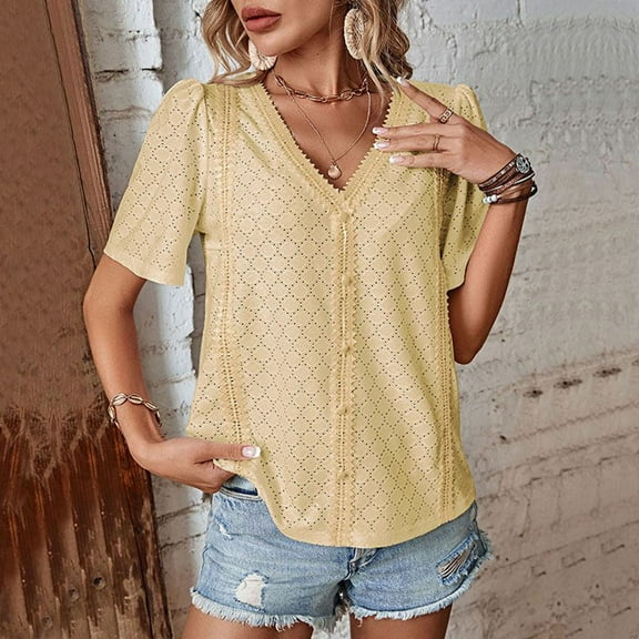 Fnooota Short Sleeve T Shirts for Women, V Neck Casual Buttons Summer Tops Blouses Yellow Size S