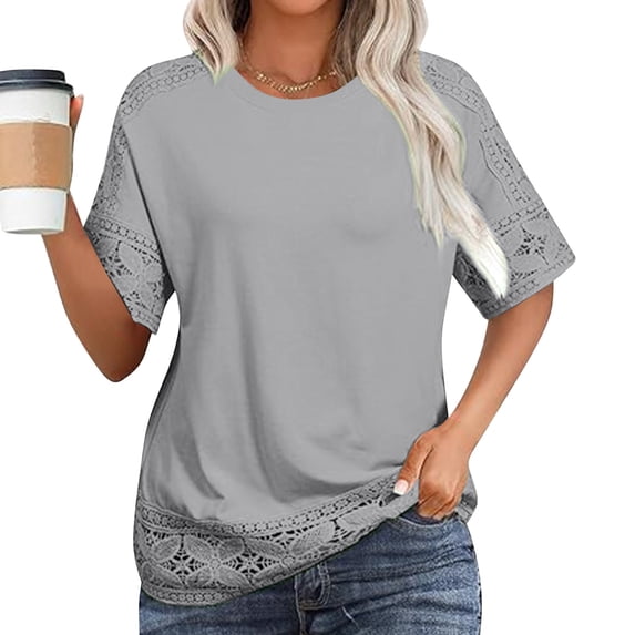 Fnooota Short Sleeve Tops for Women, Crew Neck Lace Summer Loose Fit Women's Blouses Gray Size M
