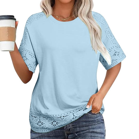Fnooota Short Sleeve Tops for Women, Loose Fit Crew Neck Summer Lace Women's Blouses Blue Size 2XL