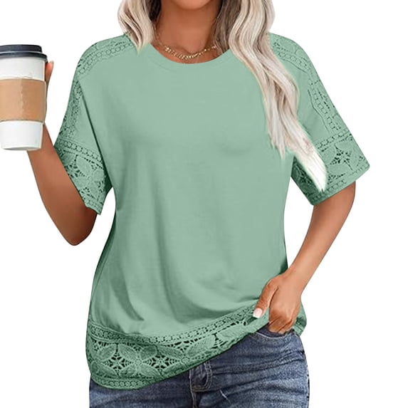 Fnooota Short Sleeve Tops for Women, Summer Loose Fit Lace Crew Neck Women's Blouses Green Size 2XL